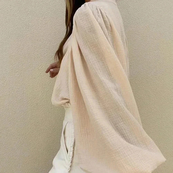 Apricot Casual Women's Solid Color Lantern Sleeve Loose Shirt - Picture 2 of 4